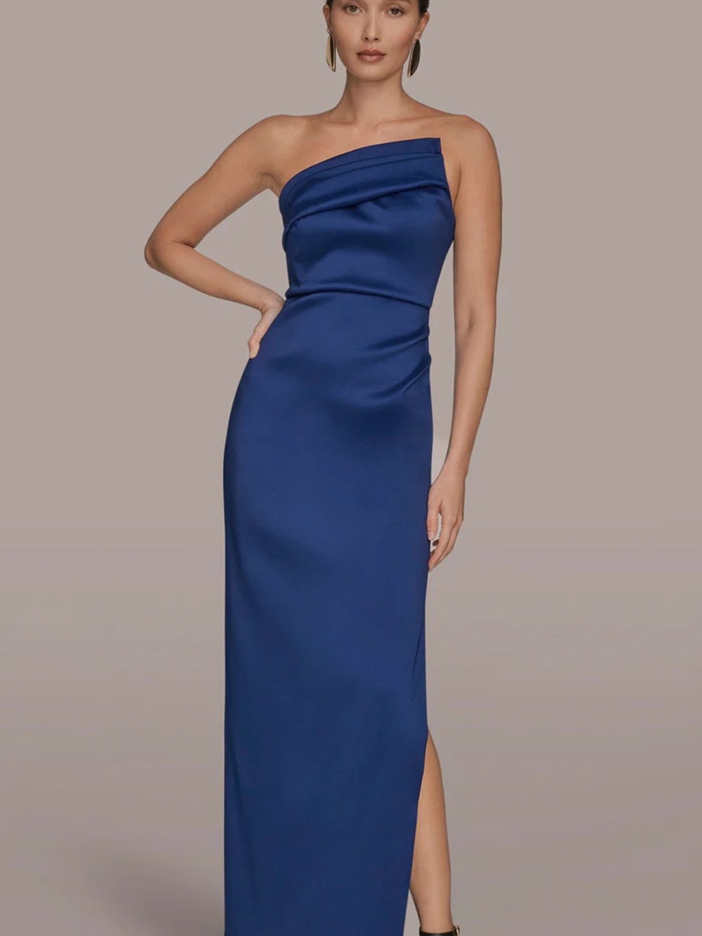 Donna Karan One-Shoulder Satin Gown in Navy Blue